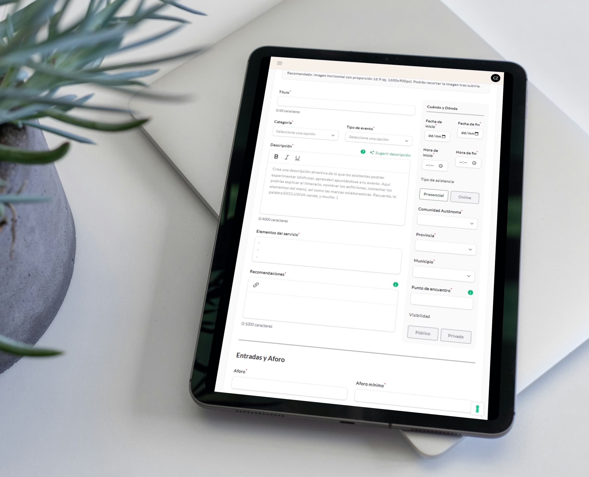 Panel de creación de eventos de Zibarit Pro